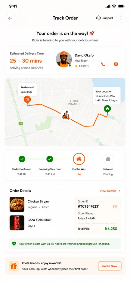 TapChow customer order tracking screen