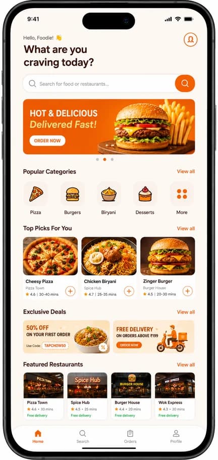 TapChow customer app home screen with meal recommendations